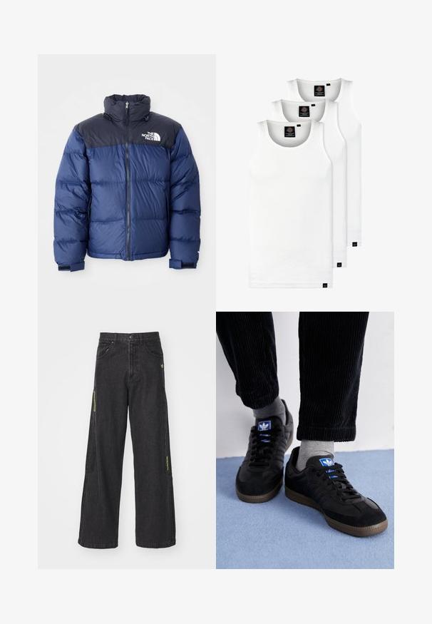 Navy blue puffer jacket featuring a black top section, high collar, front zipper, and logo on the chest. Bulked texture and elastic cuffs.; Three white ribbed tank tops made of cotton. Features a crew neck and small black labels near the hem. Available in multiple sizes.; Black wide-leg denim pants featuring a button closure, multiple pockets, and green accents on the sides with visible stitching details.; Black sneakers with suede and leather material, featuring a blue logo and brown rubber sole. Paired with gray socks and corduroy pants.