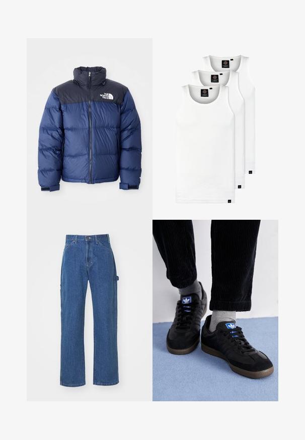 Námořnická modrá péřová bunda s černou horní částí, vysokým límcem, předním zipem a logem na hrudi. Bulky textura a elastické manžety.; Tři bílé žebrované tílka vyrobené z bavlny. Mají kulatý výstřih a malé černé štítky poblíž lemu. Dostupné v několika velikostech.; Modré denimové džíny v uvolněném střihu se rovnými nohavicemi, předními a zadními kapsami a uzávěrem na knoflík v pase.; Černé tenisky z semišového a koženého materiálu, s modrým logem a hnědou gumovou podrážkou. Spárováno se šedými ponožkami a manšestrovými kalhotami.