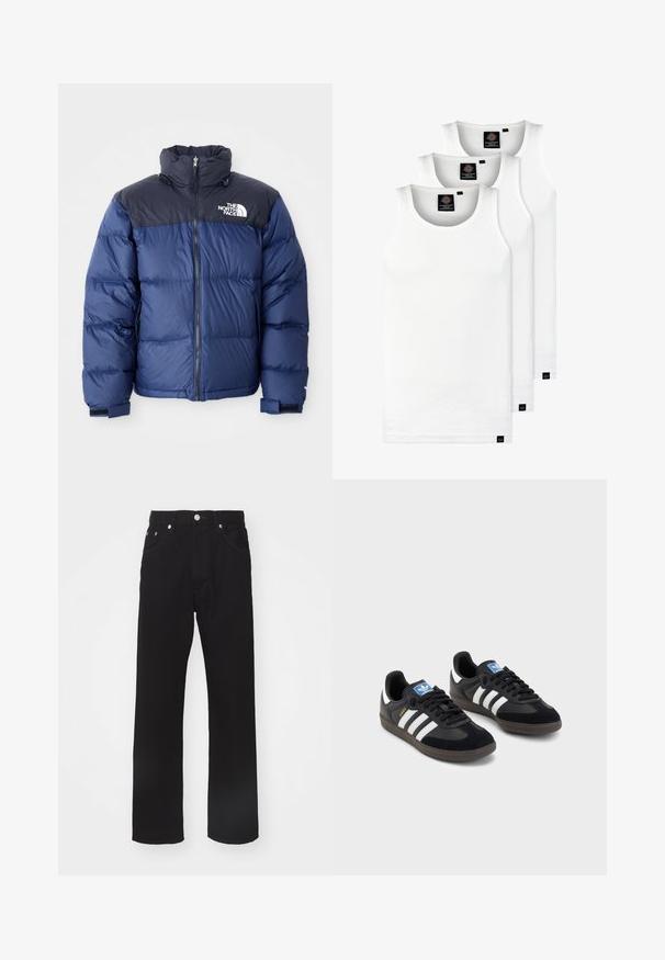 Tumesinine puhvjakas, millel on must ülemine osa, kõrge krae, eesmine visiir ja logo rinnal. Mahukas tekstuur ja elastsed mansetid.; Kolm valget ribaga t-särki, mis on valmistatud puuvillast. Omavad ümmargust kaelanõhku ja väikseid musti silte hemme lähedal. Saadaval erinevates suurustes.; Mustast denimist valmistatud sirge säärega teksad, millel on nööp ja lukuga sulgemine, kaks esikot ja lihtsad õmblemise detailid.; Mustad tossud, mille pealseks on seemisnahk ja sünteetilised materjalid, kolme valge triibuga, tekstureeritud kummitald ja sinine logo silt keele peal.