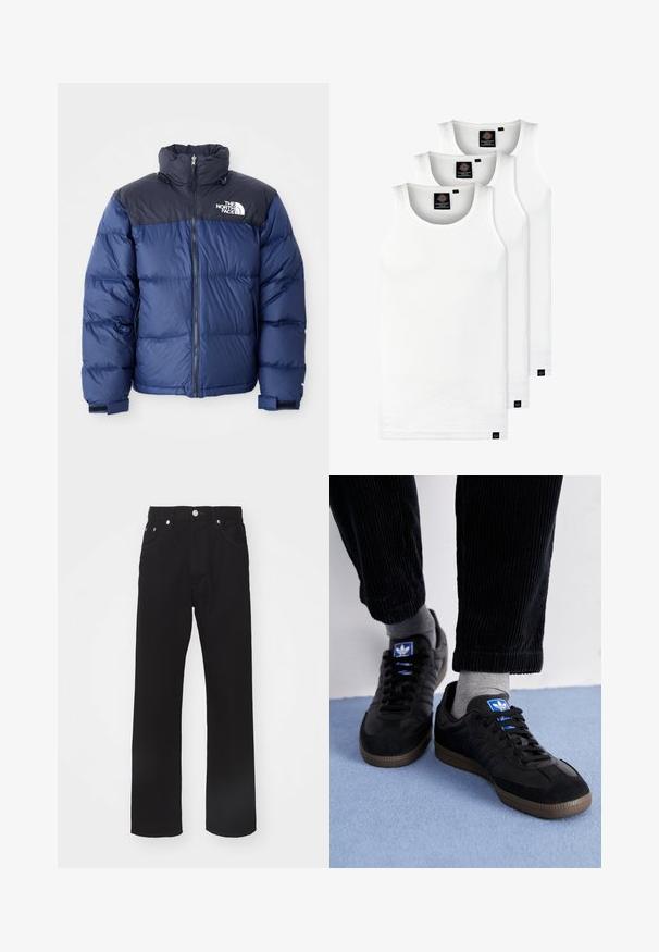 Mörkblå puffjacka med en svart övre del, hög krage, frontdragkedja och logotyp på bröstet. Fuktskyddande textur och elastiska ärmslut.; Tre vita ribbade linnen i bomull. Har rund halsringning och små svarta etiketter vid fållen. Finns i flera storlekar.; Svart denimjeans med rak bendesign, med en knapp- och dragkedjestängning, två framfickor och enkla sömnadsdetaljer.; Svarta sneakers med mocka- och lädermaterial, med en blå logotyp och brun gummisul. I kombination med grå strumpor och kordbyxor.