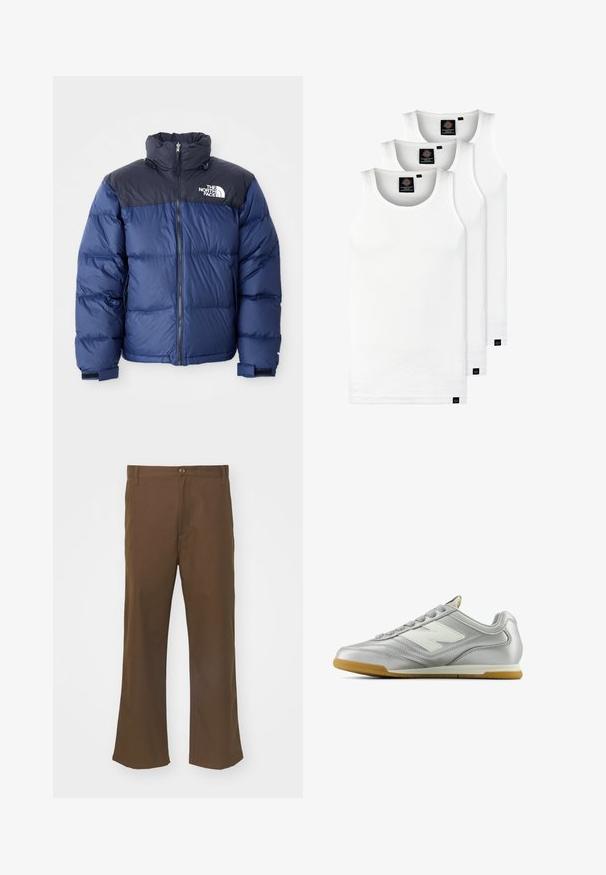 Mørkeblå pufferjakke med en sort topdel, høj krave, frontlynlås og logo på brystet. Føles bulky med elastiske manchetter.; Tre hvide ribbede tanktops lavet af bomuld. Har en rund hals og små sorte mærker nær sømmen. Fås i flere størrelser.; Brune flagrende bukser lavet af glat stof med knaplukning, der har forlommer og lige søm langs benene.; Sølv atletiksko med en glat, skinnende overflade, hvidt logo på siden, teksturerede grå snørebånd og en gummigummisål.