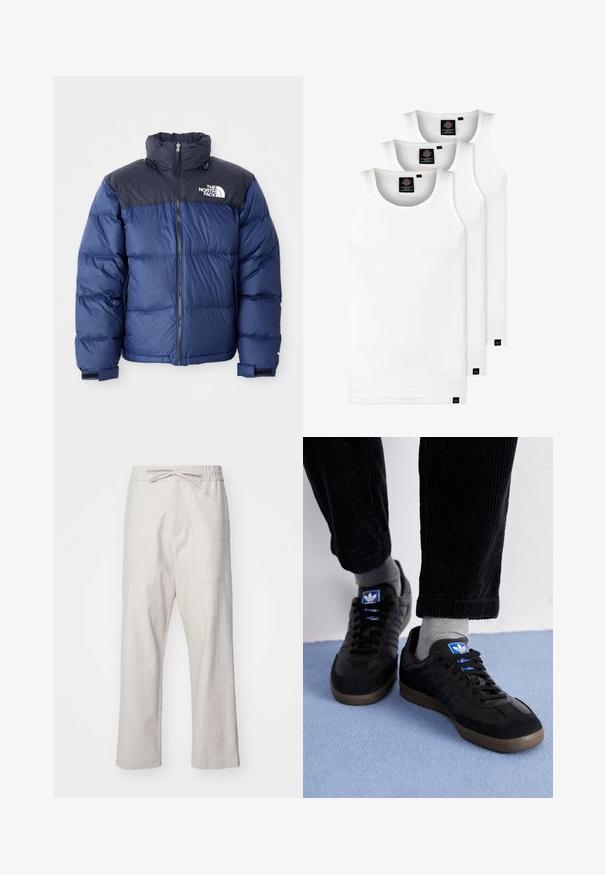 Marineblauwe puffer jacket met een zwart bovenstuk, hoge kraag, ritssluiting aan de voorkant en logo op de borst. Dikke textuur en elastische manchetten.; Drie witte geribde tanktops van katoen. Kenmerken zijn een ronde hals en kleine zwarte labels nabij de zoom. Verkrijgbaar in meerdere maten.; Linnen broek in lichtbeige, met een elastische tailleband en een trekkoord, en twee voorzakken. Recht model.; Zwarte sneakers van suede en leer, met een blauw logo en een bruine rubberen zool. Gepaard met grijze sokken en corduroy broek.
