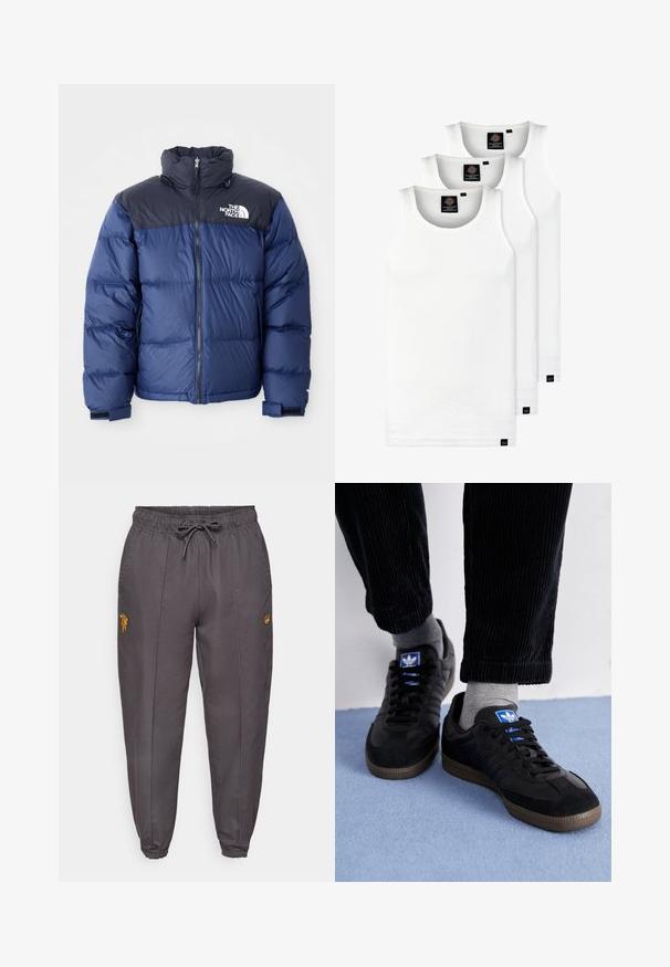 Tumši zils pūkainais apmetnis ar melnu augšējo daļu, augstu apkakli, priekšējo rāvējslēdzēju un logo uz krūtīm. Masīva tekstūra un elastīgas aproces.; Trīs baltas ribotas krūšturi, kas izgatavoti no kokvilnas. Iezīmēti ar apaļu kakla izgriezumu un maziem melniem etiķetēm tuvu apakšmalai. Pieejami vairākos izmēros.; Tumši pelēkas sporta bikses no gludas auduma, ar elastīgu jostasvietu, auklu aizvēršanu un smalkiem izšūtiem logotipiem sānos.; Melni sporta apavi ar zamšas un ādas materiālu, ar zilu logo un brūnu gumijas zoli. Apvienoti ar pelēkiem zeķēm un korduroja biksēm.