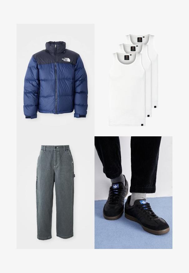 Tumesinine puhvjakas, millel on must ülemine osa, kõrge krae, eesmine visiir ja logo rinnal. Mahukas tekstuur ja elastsed mansetid.; Kolm valget ribaga t-särki, mis on valmistatud puuvillast. Omavad ümmargust kaelanõhku ja väikseid musti silte hemme lähedal. Saadaval erinevates suurustes.; Tumedat hallid sirged tööpüksid, millel on vöötokid, ees nupp ja lukukinnitus, küljetaskud ning haameri rihm paremal jalal.; Mustad mustad, mis on valmistatud siidist ja nahast, sinise logoga ja pruunist kummist tallaga. Kombineeritud hallide sokkide ja sametpükstega.