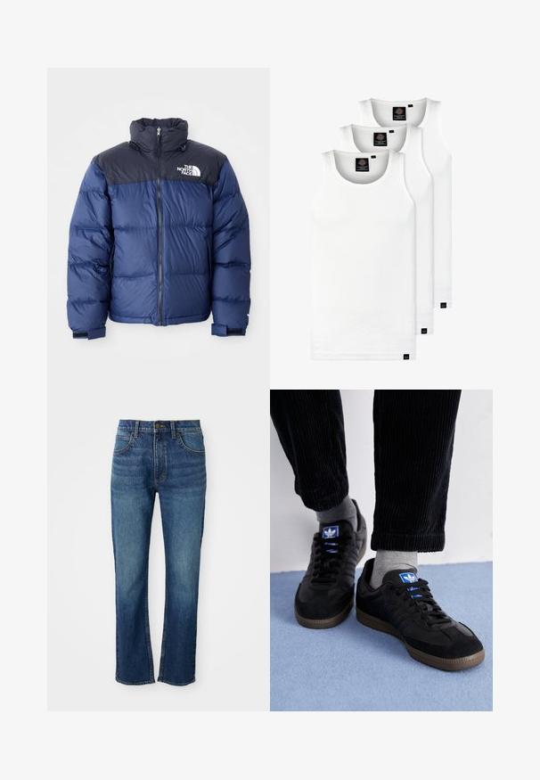Doudoune bleu marine avec une section supérieure noire, col montant, fermeture éclair sur le devant et logo sur la poitrine. Texture volumineuse et poignets élastiques.; Trois débardeurs blancs côtelés en coton. Présentent un col rond et de petites étiquettes noires près de l'ourlet. Disponibles en plusieurs tailles.; Jean en denim bleu avec un design à jambe droite, comportant cinq poches, une fermeture à boutons et des coutures jaunes contrastantes. Texture lisse.; Baskets noires en suède et cuir, avec un logo bleu et une semelle en caoutchouc marron. Associées à des chaussettes grises et un pantalon en velours côtelé.