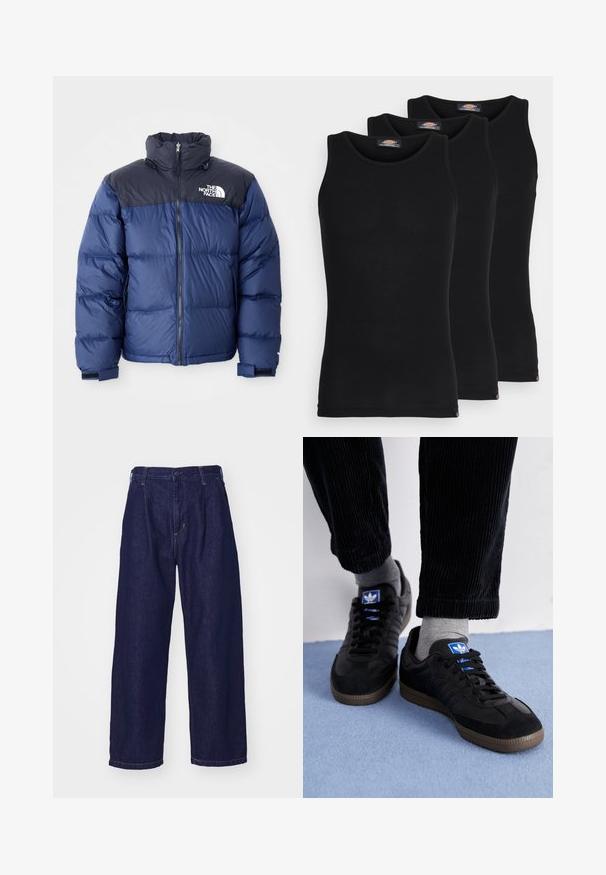 Chaquetón acolchado azul marino con una sección superior negra, cuello alto, cremallera frontal y logo en el pecho. Textura gruesa y puños elásticos.; Camisetas sin mangas negras en un pack de tres. Textura acanalada, escote redondo estándar. El dobladillo presenta un pequeño logo de la marca en la parte inferior.; Jeans de mezclilla azul oscuro, diseño de pierna ancha, cintura alta, con cierre de botón y estilo clásico de cinco bolsillos. Textura suave, costura sutil.; Zapatillas negras de ante y cuero, con un logo azul y suela de goma marrón. Combinadas con calcetines grises y pantalones de pana.