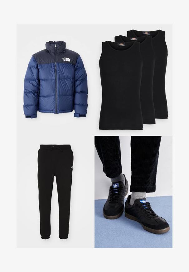 Navyblauer Daunenjacke mit schwarzem Oberteil, hohem Kragen, Frontreißverschluss und Logo auf der Brust. Mit voluminöser Textur und elastischen Bündchen.; Schwarze Tanktops im Dreierpack. Gerippte Textur, klassischer Rundhalsausschnitt, ohne Ärmel. Der Saum hat am unteren Ende ein kleines Markenlogo.; Schwarze Sweatpants aus weichem Stoff, mit einem elastischen Bund und einem Kordelzug sowie gerippten Bündchen. Ein kleines weißes Logo ist sichtbar.; Schwarze Sneaker aus Wildleder und Leder, ausgestattet mit einem blauen Logo und einer braunen Gummisohle. Kombiniert mit grauen Socken und Cordhosen.