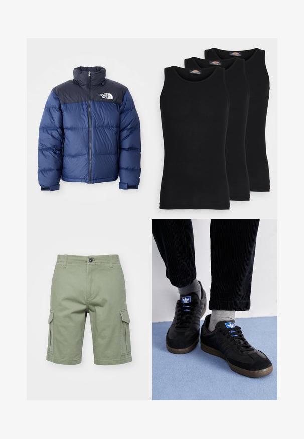 Marineblauwe puffer jacket met een zwart bovenstuk, hoge kraag, ritssluiting aan de voorkant en logo op de borst. Dikke textuur en elastische manchetten.; Zwarte tanktops in een verpakking van drie. Ribbelstructuur, standaard ronde halslijn, zonder mouwen. De zoom is voorzien van een klein merkembleem aan de onderkant.; Groene cargoshorts van katoen, met zijzakken, een knoopsluiting en gestikte naden. Het ontwerp is recht gesneden met een handige zoomafwerking.; Zwarte sneakers van suede en leer, met een blauw logo en een bruine rubberen zool. Gepaard met grijze sokken en corduroy broek.