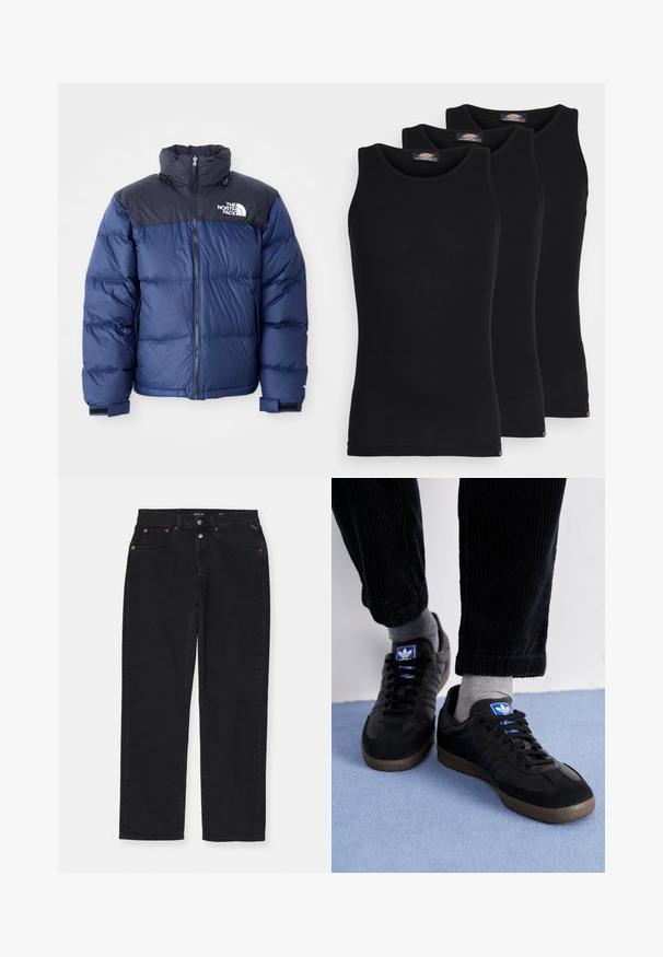 Jachetă puffer bleu marin, cu o secțiune superioară neagră, guler înalt, fermoar frontal și logo pe piept. Textură voluminoasă și manșete elastice.; Tricouri negre fără mâneci, vândute într-un pachet de trei. Textură râscută, decolteu standard tip crew. La tiv se află un mic logo al brandului.; Pantaloni din denim negru cu croi drept, design cu cinci buzunare, accesorii metalice și detalii de cusătură subtile. Textură moale, design minimalist.; Tenisi negri din material de gamă suede și piele, având un logo albastru și o talpă din cauciuc maro. Asortați cu șosete gri și pantaloni din bumbac cord sau.