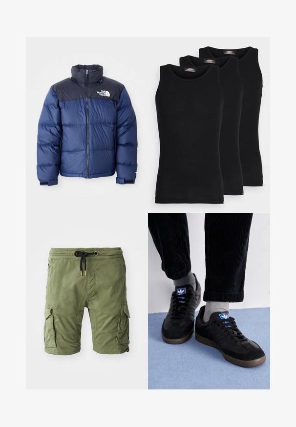 Mørkeblå puffjakke med svart toppseksjon, høy krage, glidelås foran og logo på brystet. Bulkete tekstur og elastiske mansjetter.; Sorte tanktopper i en pakke med tre. Ribbet tekstur, standard rund hals, uten ermer. Sømmen har en liten merkevarelogo nederst.; Oliven grønne bomull cargo shorts med sidelommer, snor i livet med gullhardware og en myk, teksturert finish.; Sorte joggesko laget av semsket skinn og lær, med en blå logo og brun gummisåle. Paret med grå sokker og kordfløylebukser.