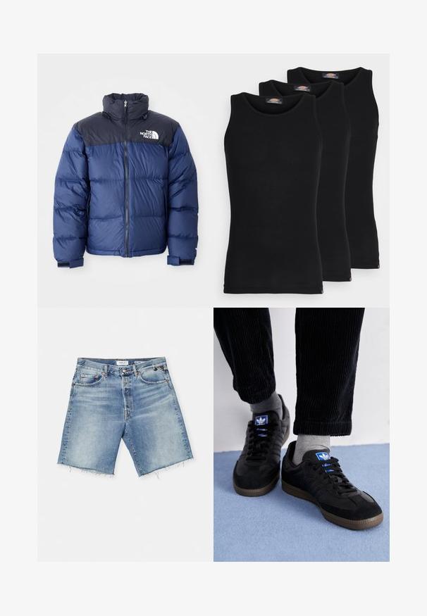 Tamsiai mėlynas pūkinis švarkas su juodu viršutiniu seksi, aukštu apykakle, priekiniais užtrauktukais ir logotipu ant krūtinės. Masyvūs tekstūros elementai ir elastingos rankogaliai.; Juodi maikutai trijų pakuotėje. Raštuota tekstūra, standartinė apvalia iškirpte, be rankovių. Apačia papuošta mažuoju prekės ženklu.; Šviesiai mėlyni džinsiniai šortai su suplėšytu kraštu, penkiomis kišenėmis, sagos uždarymu ir diržo kilputėmis. Pagaminti iš medvilnės, demonstruojantys nudilusią spalvą.; Juodi sportiniai bateliai, pagaminti iš zomšos ir odos, su mėlynu logotipu ir rudu gumuotu padu. Derinami su pilkais kojiniais ir kordūroje pagamintomis kelnėmis.