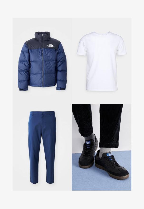 Mørkeblå puffjakke med svart toppseksjon, høy krage, glidelås foran og logo på brystet. Bulkete tekstur og elastiske mansjetter.; Hvit t-skjorte med korte ermer i bomull med rund hals. Enkelt design uten mønstre eller accenter. Glatt tekstur.; Marineblå chinos med en glatt tekstur, en beltespenne, og sidelommer, med en skreddersydd passform og cropped lengde.; Sorte joggesko laget av semsket skinn og lær, med en blå logo og brun gummisåle. Paret med grå sokker og kordfløylebukser.