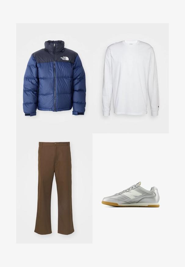 Mørkeblå pufferjakke med en sort topdel, høj krave, frontlynlås og logo på brystet. Føles bulky med elastiske manchetter.; Hvid langærmet T-shirt lavet af bomuld. Rund halsudskæring med ribbede manchetter og et lille logo på venstre ærme. Glat tekstur.; Brune flagrende bukser lavet af glat stof med knaplukning, der har forlommer og lige søm langs benene.; Sølv atletiksko med en glat, skinnende overflade, hvidt logo på siden, teksturerede grå snørebånd og en gummigummisål.