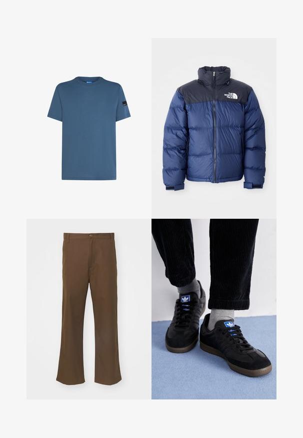 Mornarsko modra puhasta jakna z black zgornjim delom, visokim ovratnikom, sprednjim zadrgo in logotipom na prsih. Debela tekstura in elastični manšeti.; Modra bombažna majica s krojaškim izrezom, kratkimi rokavi in črnim logotipom na levi rokavi. Gladka tekstura in sproščen kroj.; Rjave razširjene hlače iz gladkega materiala z zapiranjem na gumb, ki imajo sprednje žepke in ravne šive po celotni dolžini nog.; Črne teniske iz semiša in usnja, z modrim logotipom in rjavim gumijastim podplatom. V kombinaciji z sivimi nogavicami in kordno hlačami.