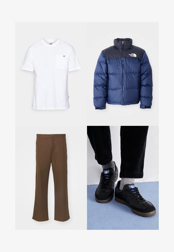 Giacca a vento blu navy con sezione superiore nera, colletto alto, zip frontale e logo sul petto. Texture imbottita e polsini elasticizzati.; T-shirt bianca in cotone con scollatura rotonda, maniche corte e taschino sul petto con un piccolo logo di marca sul lato sinistro.; Pantaloni a zampa d'elefante marroni realizzati in tessuto morbido, con chiusura a bottone, dotati di tasche frontali e cuciture dritte lungo le gambe.; Scarpe da ginnastica nere in materiale scamosciato e in pelle, con un logo blu e una suola in gomma marrone. Abbinati a calzini grigi e pantaloni in velluto a coste.