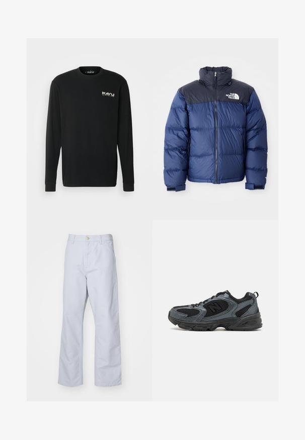 Tumesinine puhvjakas, millel on must ülemine osa, kõrge krae, eesmine visiir ja logo rinnal. Mahukas tekstuur ja elastsed mansetid.; KAVU ETCH ART - Pikkade varrukatega topp - black; Heledad sinine sirge säärega puuvillased püksid. Omavad esipocketit, tõmblukkude sulgemist ja üht metallist nööpi vöökohtadel.; Mustad ja hallid sportlikud kingad, millel on tekstureeritud võrkmaterjalist pealmine osa, kummist tallad ja toetav disain. Omab logo ja sidumisüsteemi.