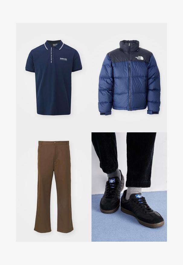 Mörkblå puffjacka med en svart övre del, hög krage, frontdragkedja och logotyp på bröstet. Fuktskyddande textur och elastiska ärmslut.; Mörkblå polo med vit krage och ärmaccenter. Framsidan visar "RedBull Racing" logotypen i vitt. Tillverkad av bekväm bomullsjakke.; Bruna utsvängda byxor i ett glansigt tyg med knäppning, som har framfickor och raka sömmar längs benen.; Svarta sneakers med mocka- och lädermaterial, med en blå logotyp och brun gummisul. I kombination med grå strumpor och kordbyxor.