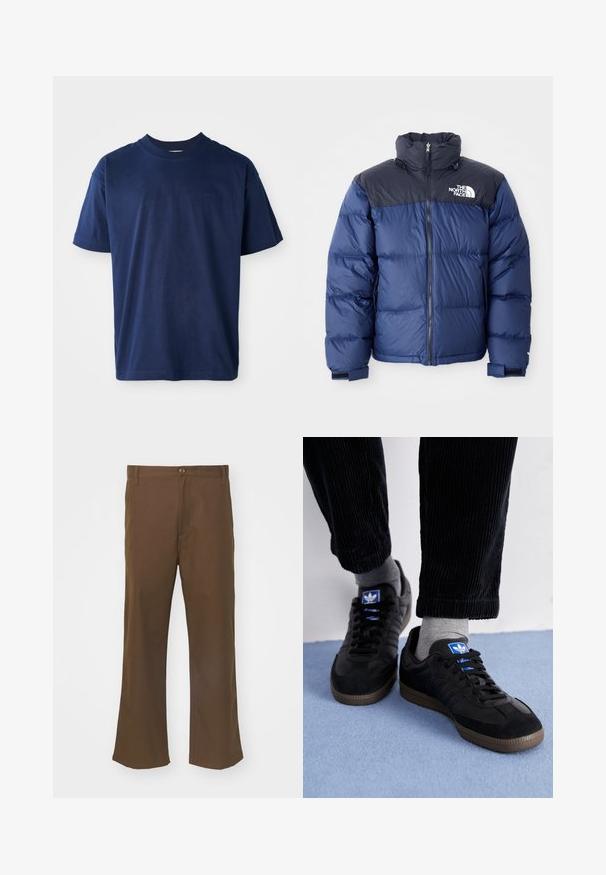 Navy blue puffer jacket featuring a black top section, high collar, front zipper, and logo on the chest. Bulked texture and elastic cuffs.; Navy blue cotton t-shirt with a crew neckline, short sleeves, and a subtle embossed logo on the chest. Simple flat design, soft texture.; Brown flared trousers made of smooth fabric with a button closure, featuring front pockets and straight seams along the legs.; Black sneakers with suede and leather material, featuring a blue logo and brown rubber sole. Paired with gray socks and corduroy pants.
