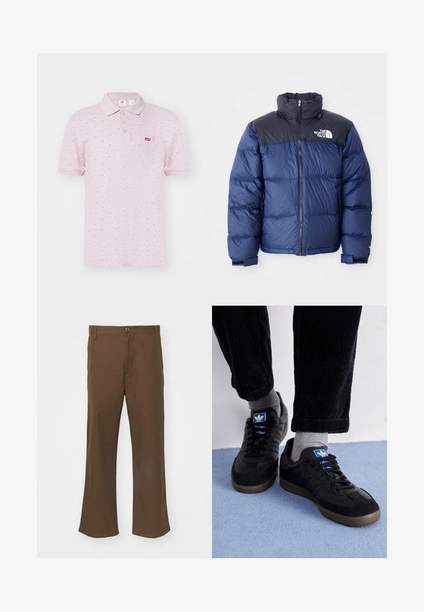 Tengerészkék pufferszövet kabát fekete felső résszel, magas gallérral, elől zipzárral és logóval a mellkason. Bulkos textúra és elasztikus mandzsetta.; Levi's® Pólóing - sage ditsy/violet ice; Barna harangszórt nadrág sima anyagból, gombos záródással, elülső zsebekkel és egyenes varrással a lábak mentén.; Fekete sportcipők velúrból és bőrből, kék logóval és barna gumitalppal. Szürke zoknikkal és kordbársony nadrággal párosítva.