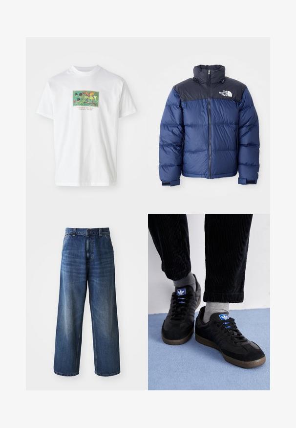 Mørkeblå pufferjakke med en sort topdel, høj krave, frontlynlås og logo på brystet. Føles bulky med elastiske manchetter.; Hvid bomulds t-shirt med et farverigt, illustreret motiv af planter og frugter. Teksten nedenfor lyder "CREAM OF THE CROP CARHARTT WIP 1989."; Højtaljede blå denimjeans med vid benvidde, der har subtil falming, forlommer og en knaplukning i taljen.; Sorte sneakers lavet af ruskind og læder, med et blåt logo og en brun gummisål. Kombineret med grå sokker og kordfløjlbukser.