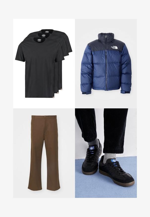 Marineblauwe puffer jacket met een zwart bovenstuk, hoge kraag, ritssluiting aan de voorkant en logo op de borst. Dikke textuur en elastische manchetten.; Zwarte katoenen t-shirts in een verpakking van drie. Ronde hals, korte mouwen en een gladde textuur. Logo-label aan de zoom.; Bruine flared broeken van gladde stof met knoopsluiting, voorzien van steekzakken en rechte naden langs de benen.; Zwarte sneakers van suede en leer, met een blauw logo en een bruine rubberen zool. Gepaard met grijze sokken en corduroy broek.