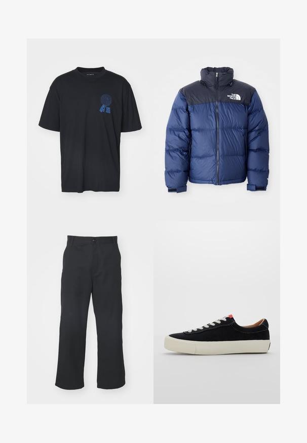 Chaquetón acolchado azul marino con una sección superior negra, cuello alto, cremallera frontal y logo en el pecho. Textura gruesa y puños elásticos.; Carhartt WIP CHRYSANTHEMUM - Camiseta estampada - black; Pantalones negros de pierna recta hechos de una tela con textura suave, con cierre frontal de botón y bolsillos estándar.; Zapatilla de tela negra con cordones blancos, suela de goma beige y acento rojo en el talón. Punta redondeada y detalles de costura mínimos.