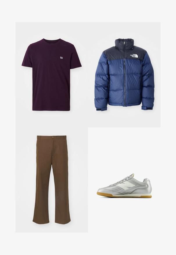 Tumesinine puhvjakas, millel on must ülemine osa, kõrge krae, eesmine visiir ja logo rinnal. Mahukas tekstuur ja elastsed mansetid.; Tume lilla puuvillane t-särk lühikeste käistega, ümar kaelus ja väike valge logo vasakul rinnaosas. Pehme, sile tekstuur.; Pruunid laiad püksid siledast kangast, millel on nööbiga sulgur, esipocketid ja sirged õmblused jalgade ääres.; Hõbedane spordijalats sileda, läikiva pinnaga, valge logo küljes, tekstuuriga hallid paelad ja kummist soe põhi.