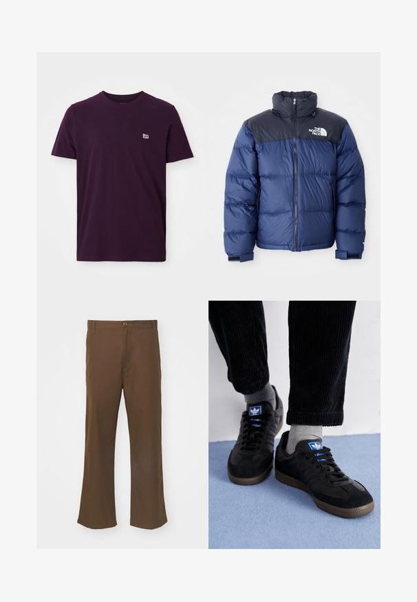 Navyblauer Daunenjacke mit schwarzem Oberteil, hohem Kragen, Frontreißverschluss und Logo auf der Brust. Mit voluminöser Textur und elastischen Bündchen.; Dunkellila Baumwoll-T-Shirt mit kurzen Ärmeln, Rundhalsausschnitt und kleinem weißen Logo auf der linken Brust. Weiche, glatte Textur.; Braune, ausgestellte Hosen aus glattem Stoff mit einem Knopfverschluss, ausgestattet mit Fronttaschen und geraden Nähten entlang der Beine.; Schwarze Sneaker aus Wildleder und Leder, ausgestattet mit einem blauen Logo und einer braunen Gummisohle. Kombiniert mit grauen Socken und Cordhosen.