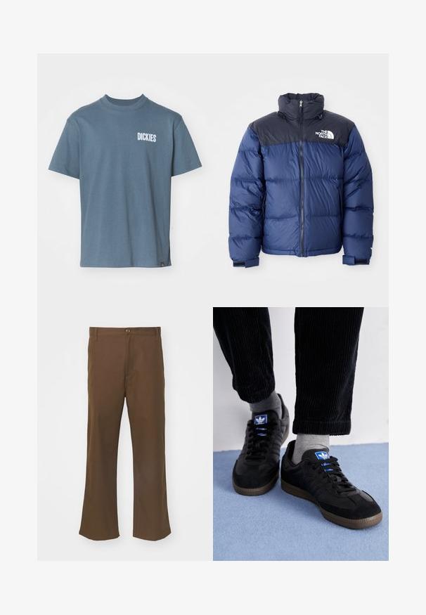 Chaquetón acolchado azul marino con una sección superior negra, cuello alto, cremallera frontal y logo en el pecho. Textura gruesa y puños elásticos.; Camiseta de algodón azul, de manga corta, cuello redondo, presenta el logo "DICKIES" en blanco en el pecho, dobladillo recto y detalle de etiqueta lateral.; Pantalones acampanados marrones elaborados con una tela suave, con cierre de botón, que cuentan con bolsillos frontales y costuras rectas a lo largo de las piernas.; Zapatillas negras de ante y cuero, con un logo azul y suela de goma marrón. Combinadas con calcetines grises y pantalones de pana.