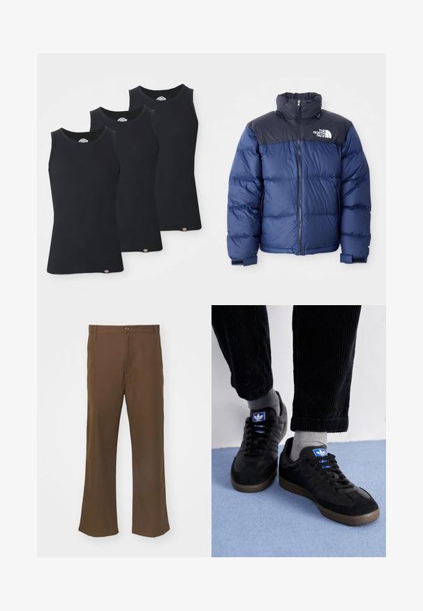 Tamsiai mėlynas pūkinis švarkas su juodu viršutiniu seksi, aukštu apykakle, priekiniais užtrauktukais ir logotipu ant krūtinės. Masyvūs tekstūros elementai ir elastingos rankogaliai.; Juoda raukšlėta marškinėlių palaidinė trijose pakuotėse. Ypatybė - apvalus iškirpimas ir be rankovių dizainas su mažu logotipu apačioje. Minkšta tekstūra.; Rudos flared kelnes, pagamintos iš lygaus audinio, su sagčių uždarymu, turinčios priekines kišenes ir tiesias siūles palei kojas.; Juodi sportiniai bateliai, pagaminti iš zomšos ir odos, su mėlynu logotipu ir rudu gumuotu padu. Derinami su pilkais kojiniais ir kordūroje pagamintomis kelnėmis.