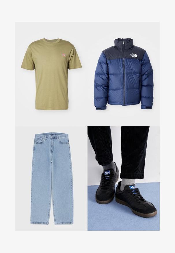 Tumesinine puhvjakas, millel on must ülemine osa, kõrge krae, eesmine visiir ja logo rinnal. Mahukas tekstuur ja elastsed mansetid.; Olivroheline puuvillane T-särk lühikeste varrukate, ümarate kaeluste ja väikese värvilise logoga vasakul rinnal. Lihtne, klassikaline disain.; Heled sinise denimi sirgete põlvede lõikega teksad, millel on keskmise kõrgusega vöökoht, viis taskut ning nööbid ja tõmblukk.; Mustad mustad, mis on valmistatud siidist ja nahast, sinise logoga ja pruunist kummist tallaga. Kombineeritud hallide sokkide ja sametpükstega.