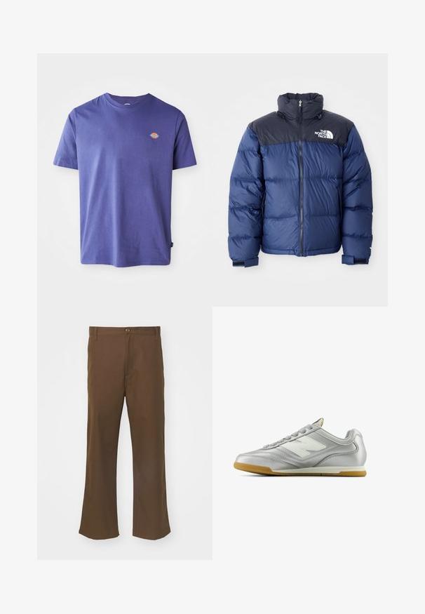 Tumši zils pūkainais apmetnis ar melnu augšējo daļu, augstu apkakli, priekšējo rāvējslēdzēju un logo uz krūtīm. Masīva tekstūra un elastīgas aproces.; Purpura kokvilnas T-krekls ar apkakli un īsām piedurknēm. Iekļauts neliels logo uz krūtīm. Gluda tekstūra, ikdienišķa piegriezuma.; Brūni platā kājās bikses, kas izgatavotas no gludas auduma ar pogu aizdari, ar priekšējām kabatām un taisnām šuvēm gar kājām.; Sudraba sporta apavi ar gludu, spīdīgu virsmu, balto logo sānos, teksturētām pelēkajām šņorēm un gumijas zoli.