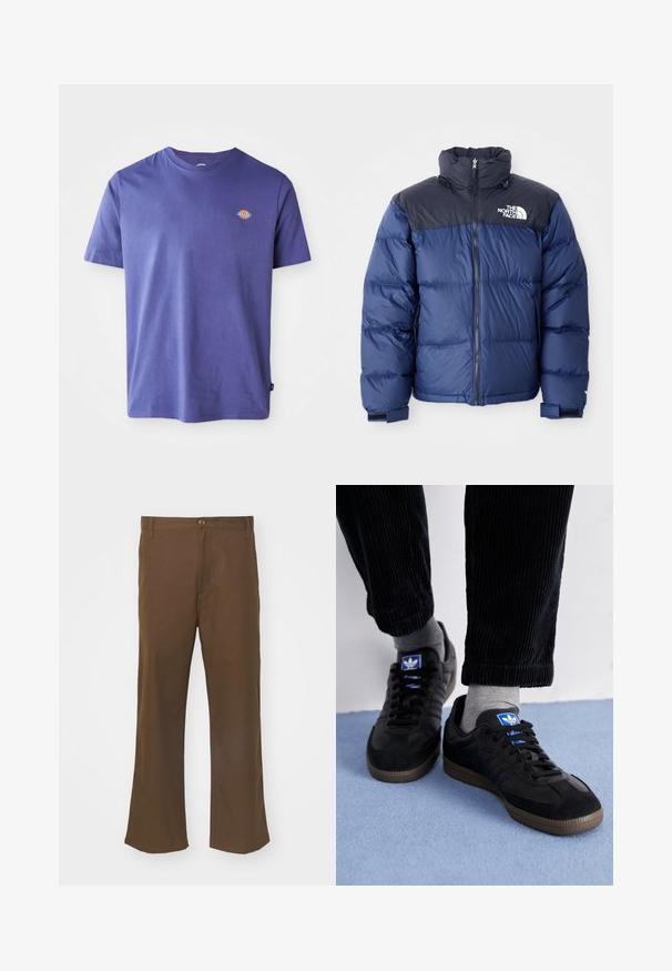 Jachetă puffer bleu marin, cu o secțiune superioară neagră, guler înalt, fermoar frontal și logo pe piept. Textură voluminoasă și manșete elastice.; Tricou din bumbac violet cu guler rotund și mâneci scurte. Are un mic logo pe piept. Textură netedă, croială lejeră.; Pantaloni evazați cu nuanță maronie, confecționați dintr-un material neted, cu închidere prin buton, având buzunare frontale și cusături drepte pe lungimea picioarelor.; Tenisi negri din material de gamă suede și piele, având un logo albastru și o talpă din cauciuc maro. Asortați cu șosete gri și pantaloni din bumbac cord sau.