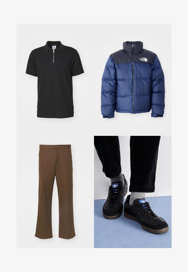 Tamsiai mėlynas pūkinis švarkas su juodu viršutiniu seksi, aukštu apykakle, priekiniais užtrauktukais ir logotipu ant krūtinės. Masyvūs tekstūros elementai ir elastingos rankogaliai.; adidas Originals TREFOIL ESSENTIALS WAFFLE - Polo marškinėliai - black; Rudos flared kelnes, pagamintos iš lygaus audinio, su sagčių uždarymu, turinčios priekines kišenes ir tiesias siūles palei kojas.; Juodi sportiniai bateliai, pagaminti iš zomšos ir odos, su mėlynu logotipu ir rudu gumuotu padu. Derinami su pilkais kojiniais ir kordūroje pagamintomis kelnėmis.