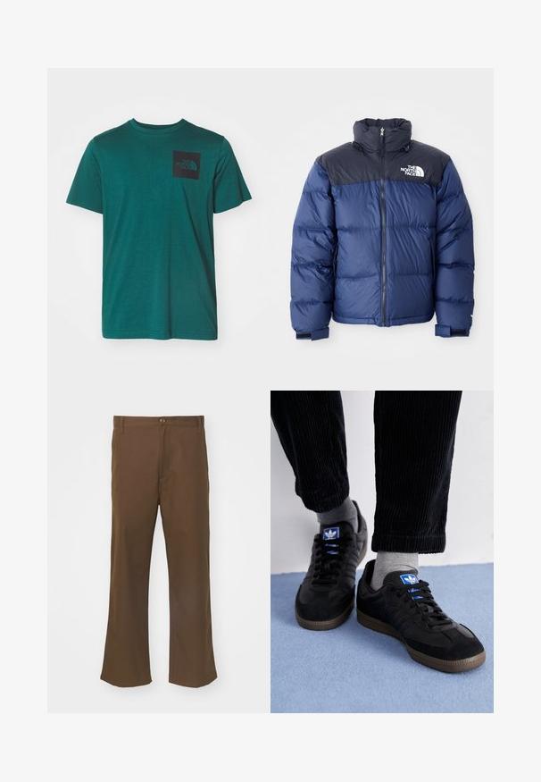 Granatowa kurtka puchowa z czarną górną częścią, wysokim kołnierzem, zamkiem błyskawicznym z przodu oraz logo na klatce piersiowej. Posiada masywną teksturę i elastyczne mankiety.; Miętowy bawełniany t-shirt z krótkimi rękawami, okrągłym dekoltem i czarną, kwadratową kieszenią z logo po lewej stronie klatki piersiowej. Gładka tekstura.; Brązowe spodnie z szerokim dołem wykonane z gładkiego materiału, zapinane na guzik, z przednimi kieszeniami i prostymi szwami wzdłuż nogawek.; Czarne trampki z materiału zamszowego i skórzanego, z niebieskim logo i brązową gumową podeszwą. Dobrane z szarymi skarpetkami i spodniami z korduroju.