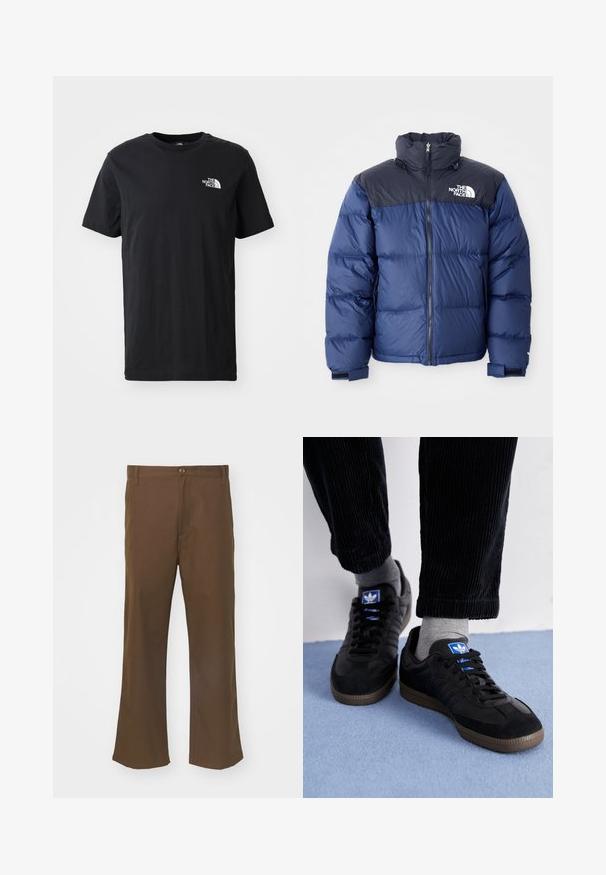 Granatowa kurtka puchowa z czarną górną częścią, wysokim kołnierzem, zamkiem błyskawicznym z przodu oraz logo na klatce piersiowej. Posiada masywną teksturę i elastyczne mankiety.; Czarna bawełniana koszulka z krótkim rękawem, z okrągłym dekoltem, z małym białym logo po lewej stronie klatki piersiowej. Miękka faktura, swobodny krój.; Brązowe spodnie z szerokim dołem wykonane z gładkiego materiału, zapinane na guzik, z przednimi kieszeniami i prostymi szwami wzdłuż nogawek.; Czarne trampki z materiału zamszowego i skórzanego, z niebieskim logo i brązową gumową podeszwą. Dobrane z szarymi skarpetkami i spodniami z korduroju.