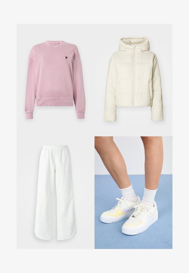 Chaqueta de plumón en color crema, con capucha, cremallera frontal completa y logo. El material es suave con una textura acolchada y un diseño corto.; Sudadera de color rosa claro, hecha de una tela suave, con cuello redondo, mangas largas y un pequeño parche con un logo en la parte izquierda del pecho.; Pantalones deportivos blancos de pierna ancha con una cinturilla acanalada y un sutil detalle de logo. Tela suave con un ajuste relajado y dobladillo ajustado.; Zapatillas de cuero blancas con acentos amarillos y lavanda, punta redonda, cordones planos y suela de goma texturizada. Llevadas con calcetines blancos.