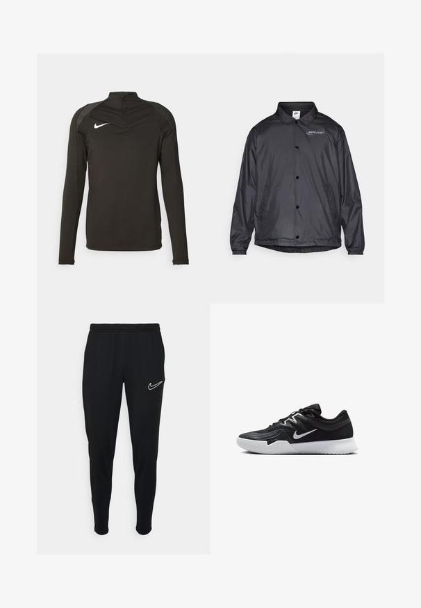 Giacca a vento nera con colletto, bottoni a pressione, polsini elasticizzati, tasche laterali e logo sul lato sinistro del petto. Tessuto leggero.; Maglietta sportiva nera a maniche lunghe con colletto alto, collo con zip e accenti grigi sulle spalle; presenta un logo Nike bianco sul petto.; Jogging neri sportivi con cintura elastica, vestibilità slim e logo Nike bianco sul lato sinistro. Tessuto morbido con una texture liscia.; Scarpa sportiva nera con tomaia testurizzata, logo Nike swoosh bianco e suola in gomma bianca. Presenta un design con lacci e una forma dinamica.