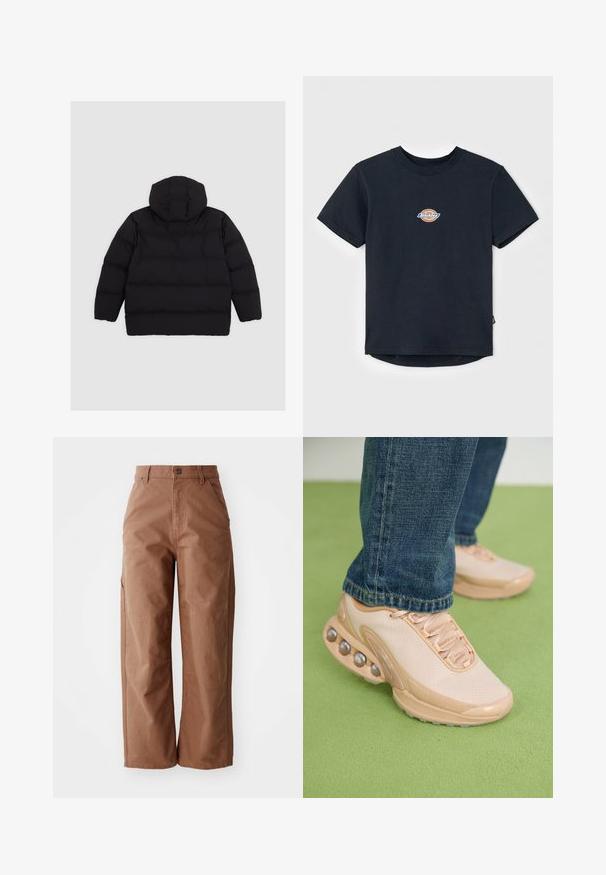 Black puffer jacket with a hood, featuring a quilted design and a smooth texture. The back is solid with no additional details or accents.; Black cotton t-shirt with short sleeves, round neck, and a small multi-colored logo on the chest. Straight hem with a slightly longer back.; Brown wide-leg trousers made of sturdy fabric. Features a high waistband, front pockets, and subtle stitching details.; Light beige athletic shoes feature a mesh upper, rubber sole, and rounded accents with metallic details. Worn with blue jeans on a green surface.