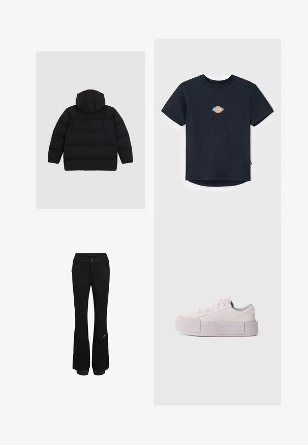 Schwarze Steppjacke mit Kapuze, mit einem gesteppten Design und einer glatten Textur. Der Rücken ist einfarbig ohne weitere Details oder Akzente.; Schwarzes Baumwoll-T-Shirt mit kurzen Ärmeln, Rundhalsausschnitt und einem kleinen, mehrfarbigen Logo auf der Brust. Gerader Saum mit einem leicht längeren Rücken.; Schwarze Snowpants mit schlankem Design, aus strapazierfähigem Stoff gefertigt. Verfügt über Reißverschlusstaschen und elastische Bündchen an den Beinen mit einem Markenlogo-Detail.; Helle lila Plateau-Sneaker aus Wildleder mit runder Zehenpartie, Schnürdesign und strukturierten Seitenpaneelen. Flache Gummisohle, niedriges Profil.