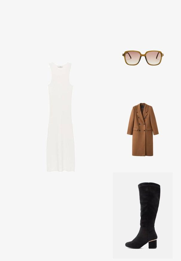 Smeđi kaput od mješavine vune s dvostrukim kopčanjem sprijeda, izrezanim reverima i dva bočna džepa. Ima crne dugmadi i dizajn do koljena.; Bijela, bezrukavna, pletena haljina s uskim siluetom koja doseže ispod koljena. Jednostavan i minimalistički dizajn, bez uzoraka ili dodataka.; Crne čizme do koljena od mekog antilopa, sa debelim blok petom s zlatnim naglaskom. Glatka tekstura, dizajn s zaobljenim vrhom.; Kvadratne naočale s prozirnim okvirom svijetlosmeđe boje, gradijentnim roza lećama i tamnosmešnim ručkama. Minimalistički dizajn s suptilnim detaljima od hardvera.; Smeđa kožna torba s teksturiranom površinom, koja ima zlatni kopču i jedan zakrivljeni remen za rame.