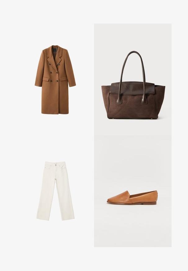 Smeđi kaput od mješavine vune s dvostrukim kopčanjem sprijeda, izrezanim reverima i dva bočna džepa. Ima crne dugmadi i dizajn do koljena.; Nježni bež džemper dugih rukava s okruglim izrezom, s rebrastim manžetama, donjim rubom i izrezom, prikazan ravno na bijeloj pozadini.; Bijele široke traperice s visokim strukom, prednjim džepovima i dugmetom za zatvaranje. Čist dizajn s minimalnim naglascima.; Smeđe kožne ravne cipele s dizajnom u obliku špica i niskim smešnim potplatom u smeđoj boji. Glatka tekstura bez vidljivih uzoraka ili hardvera.; Smeđa suđena torba za ramena s čvrstim dizajnom, glatkim kožnim detaljima, produženim ručkama i suptilnim kontrastnim šavovima.