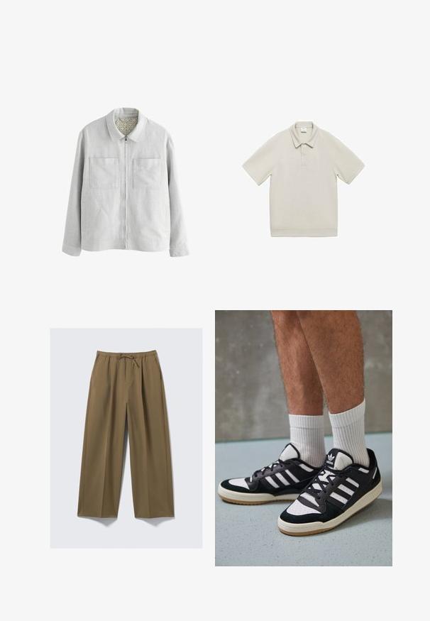 Svijetlosiva jakna s ovratnikom, s dva džepa na prsima, prednjim zatvaračem i uzorkovanom unutrašnjom podlogom. Jednostavan, ravni siluet.; Mango Polo majica - grey; Široke hlače u maslinastoj boji, izrađene od mekanog materijala s elastičnom gumom u struku i podesivim vezicom. Imaju dva bočna džepa.; Crne i bijele tenisice s gornjim dijelom od antilopa i kože, s tri bijele pruge, perforiranim prstom i gumiranim potplatom.