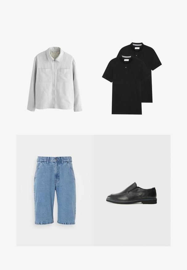 Vaaleanharmaa takki, jossa on kaulus, kaksi rintataskua, edessä vetskari ja kuvioitu vuori. Yksinkertainen, suora siluetti.; Kaksi mustaa lyhythihaista poolopaitaa, puuvillamateriaalia, joissa on klassinen kaulus, kahden napin napitus ja valkoiset raidat kauluksen sisällä.; Vaatehan shortsit vaaleansinisessä värissä, joissa on klassinen viiden taskun malli, napin ja vetoketjun sulkeminen, raaka helma ja haalistunut pinta.; Musta nahkainen liukujalkine, jossa on sileä pinta, ommeltuja yksityiskohtia, pyöristetty kärki ja matala kumipohja. Pohjassa on minimaalinen pito.