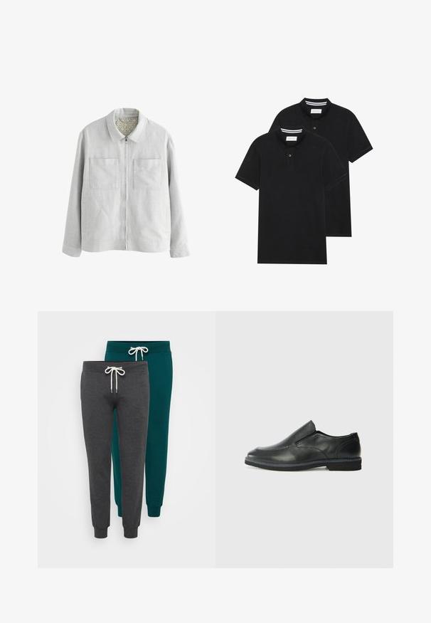 Hellgraue Jacke mit Kragen, ausgestattet mit zwei Brusttaschen, einem Frontreißverschluss und einem gemusterten Futter. Schlichte, gerade Silhouette.; Zwei schwarze Polohemden, kurzärmlig, aus Baumwolle, mit einem klassischen Kragen, zwei Knöpfen und weißen Streifenakzenten im Inneren des Kragens.; Zwei Paar Jogginghosen in Anthrazitgrau und Teal, aus weichem Stoff, mit elastischen Bündchen und Kordelzügen in Weiß.; Schwarze Leder-Slipper mit glattem Obermaterial, gesteppten Akzenten, runder Zehenpartie und niedrigem Gummiabsatz. Die Sohle hat ein minimales Profil.