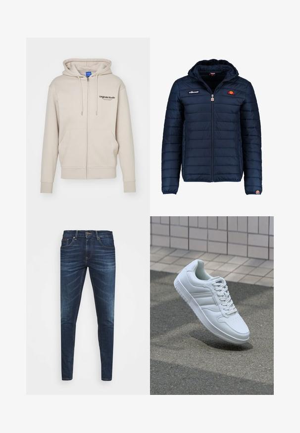 Tumedat sinised puffer jakk kapuutsiga, lukuga suletav, kanalite õmblustega ning logo aktsentidega rinnal ja varrukal. Pehme, tekstuuriga kangas.; Bež kapuutsiga jooksupusa, millel on söejooned, kaks eesmist taskut, ribapitsid ja "Originals Studio" logo vasakul ülal. Sile tekstuur.; Kaks polo särki: üks tumesinine ja üks valge, mõlemal on rinnataskul ja krael väike punase, valge ja sinise aktsent.; Tumedat sinised teksad kitsas lõikes, kerge kulumisega, viie taskuga ja metallnööbiga sulgemine. Õmmeldud aktsendid kontrastsetes värvides.; Valge spordijalanõud silederja nahkvarrega, ninast paeltega, perforatsiooni tõttu ventilatsiooniga ning mustrilise tallaga. Minimalistlik disain, millel on kolm külgmist triipu.