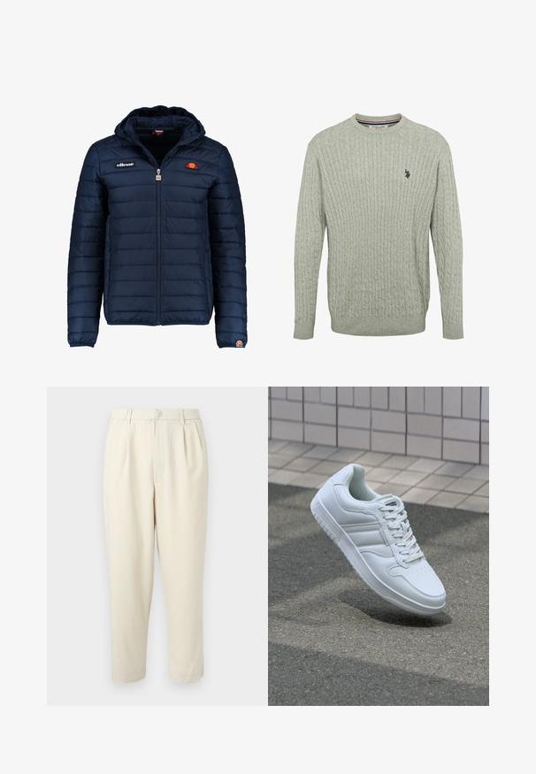 Marineblå puffjakke med hette, glidelås, kanalsøm og logoaksenter på brystet og ermet. Mykt, teksturert stoff.; Lys grå strikket genser med kabelmønster, rund halslinning og ribbede ermer. Brodert logo på venstre bryst.; Beige, skreddersydde bukser med frontfold og rett snitt. Har liv med beltehemper og oppbrettede ermer. Glatt tekstur.; Hvit atletisk sneaker med glatt skinnoverside, snøring foran, perforert tå og mønstrets såle. Minimalistisk design med tre side-striper.