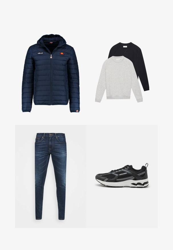 Mornaricnoplava pufasta jakna s kapuljačom, zatvaranje na zip, kanalno šivanje i akcenti s logom na prsima i rukavu. Mekani, teksturirani materijal.; Dva dukserice s dugim rukavima i okruglim izrezom, jedna svijetlosiva ispod crne, obje s rebrastim manžetama i donjim rubom.; Tamno plave traperice uskog kroja, s blagim izbljeđivanjem, pet džepova i metalnim zatvaranjem na dugme. Šivani detalji u kontrastnoj boji.; Jack & Jones JFWTOKYO - Tenisice - anthracite