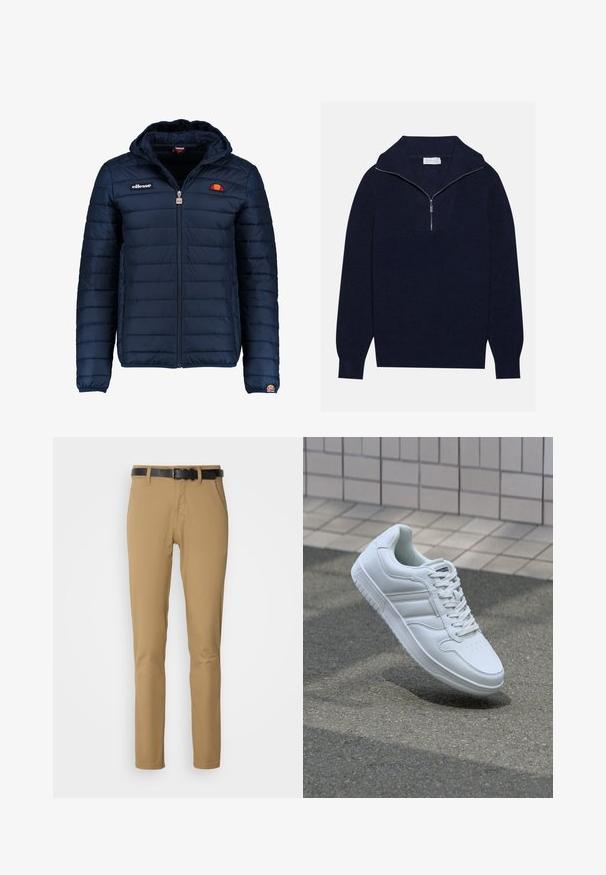 Tumedat sinised puffer jakk kapuutsiga, lukuga suletav, kanalite õmblustega ning logo aktsentidega rinnal ja varrukal. Pehme, tekstuuriga kangas.; Tumed sinise kudumisega sviiter poole luku kaelusega, mis sisaldab ribakujulist tekstuuri ja V-kujulist disaini esiosas. Pikad varrukad ja kitsasäär.; Kolm lühikeste varrukatega T-särki valges, tumesinises ja mustas värvitoonis. Valmistatud puuvillast, ümar kaelus ja sirge serv. Lihtne disain, ilma mustriteta.; Kerged võtmega omadustega kahki püksid, mis on valmistatud siledast kangast. Omab musta vööd, kahte esist taskut ja sirget lõike.; Valge spordijalanõud silederja nahkvarrega, ninast paeltega, perforatsiooni tõttu ventilatsiooniga ning mustrilise tallaga. Minimalistlik disain, millel on kolm külgmist triipu.