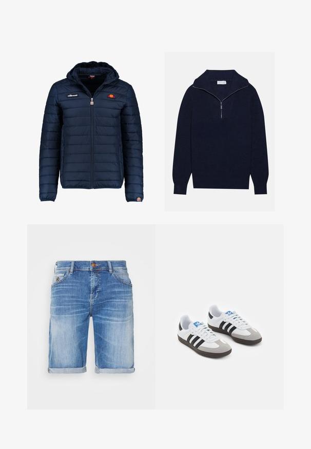 Mörkblå pufferjacka med huva, dragkedjestängning, kanalsömmar och logodetaljer på bröstet och ärmen. Mjuk, texturerad tyg.; Mörkblå stickad tröja med halvdragkedja i kragen, med ribbad textur och ett V-format mönster på framsidan. Långa ärmar och figursydd nederkant.; Denimshorts i ljusblåtvätt, med upprullade fållar, femfickdesign och en enkel metallknappslutning. Slät textur med blekning.; Sportskor med överdel i vit läder, grå mocka på tårna och tre svarta ränder. Har en blå logotyp på tungan och en texturerad gummisula.